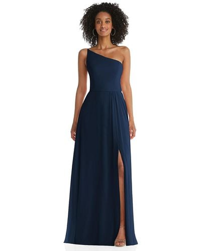 After Six One-shoulder Chiffon Maxi Dress With Shirred Front Slit - Blue