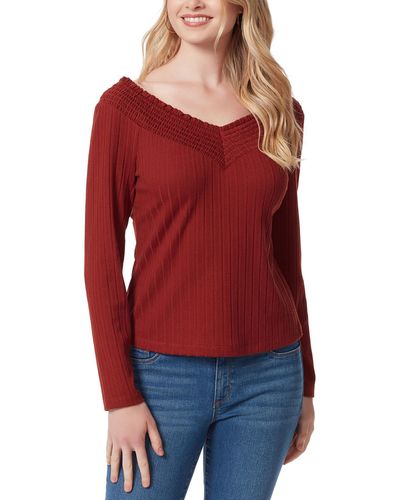 Jessica Simpson Smocked Double V Neck Blouse - Red