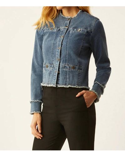 ecru Collarless Jacket With Fray In Vintage - Blue