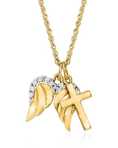 Ross-Simons 14kt Yellow Gold Cross And Angel Wings Pendant Necklace - Metallic