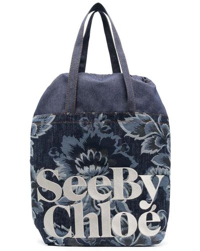 See By Chloé Essential Floral Canvas Tote Handbag - Blue