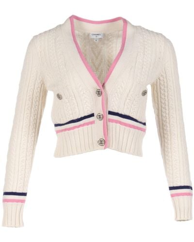 Chanel Cocomark Button Cropped Cardigan Cashmere Offpink Navy - Natural
