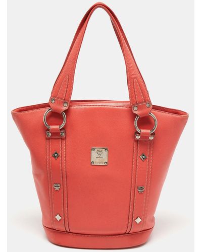 MCM Pebbled Leather Studded Tote - Red