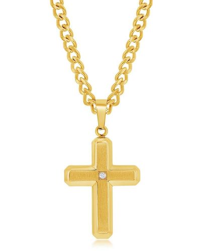 Black Jack Jewelry Stainless Steel Brushed & Polished W/ Single Cz Cross Necklace - Gold Plated - Metallic