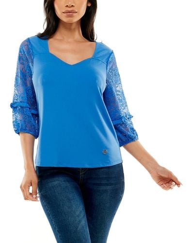 Adrienne Vittadini Lace Sleeves Solid Blouse - Blue