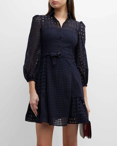Akris Punto Eyelet Embroidery Patchwork Collar Fit-flare 3/4 Sleeve Dress - Blue