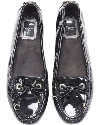 Dior Patent Silver Cd Charm Bow Flat Loafer - Black