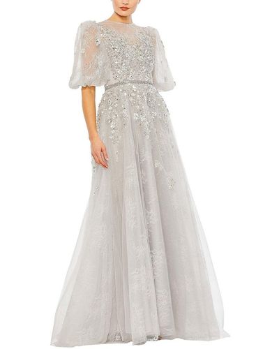 Mac Duggal Embellished Puff Sleeve A-line Gown - White