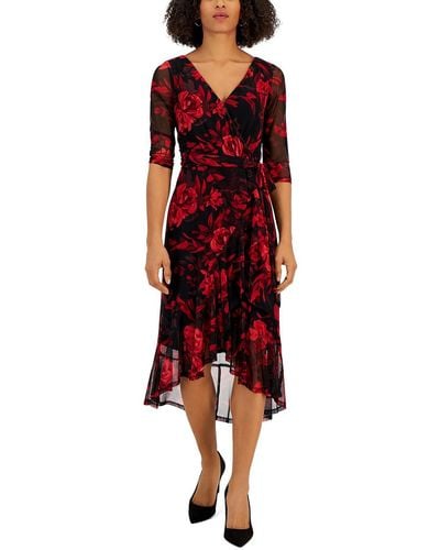 Connected Apparel Mesh Floral Fit & Flare Dress - Red