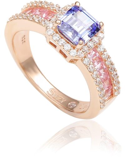 Suzy Levian Rose Gold Sterling Silver Blue Tanzanite Cubic Zirconia Engagement Ring - Pink