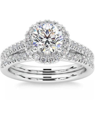Pompeii3 1 1/2 Ct Diamond Halo Engagement Wedding Ring Set 14k White Gold Enhanced - Metallic