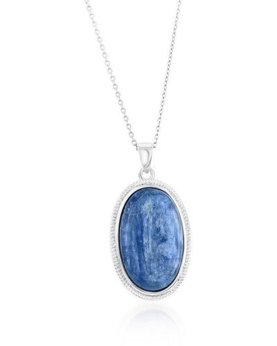 Simona Sterling Silver Oval Kyanite Beaded Border Pendant Necklace - Blue