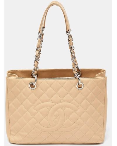 Chanel Quilted Caviar Leather Grand Shopper Tote - Natural