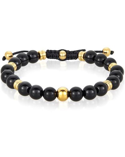 Crucible Jewelry Crucible Los Angeles 8mm Polished Onyx And Gold Ip Stainless Steel Beads On Adjustable Cord Tie Bracelet - Black
