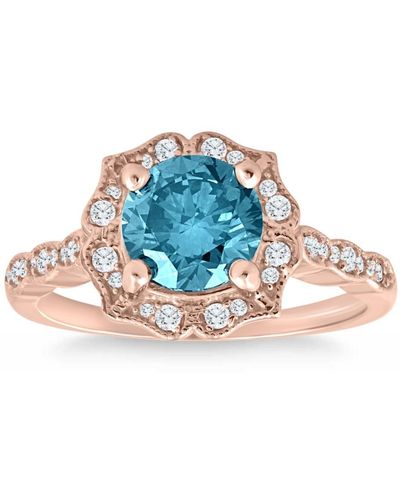 Pompeii3 2ct Tw Blue & Diamond Halo Vintage Engagement Ring 14k Rose Gold