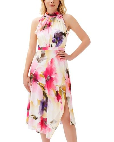 Adrianna Papell Floral Print Mid Calf Halter Dress - Pink