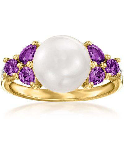 Ross-Simons 9.5-10mm Cultured Pearl And . Amethyst Ring With Diamond Accents - Purple