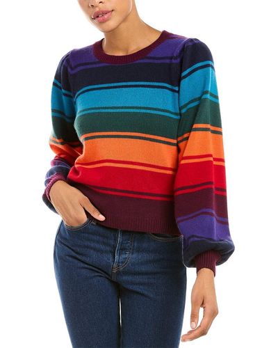 Autumn Cashmere Puff Sleeve Rainbow Stripe Cashmere Sweater - Blue