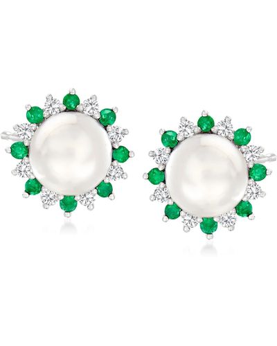 Ross-Simons 7-7.5mm Cultured Pearl And . Emerald Earrings With . White Sapphire - Green