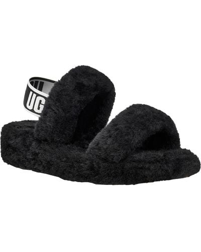 UGG Oh Yeah Shearling Open Toe Slip-on Slippers - Black