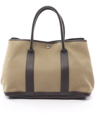 Hermès Garden Party Pm Handbag Tote Bag Toile Officier Leather Khaki Dark Silver Hardware T Stamp - Natural