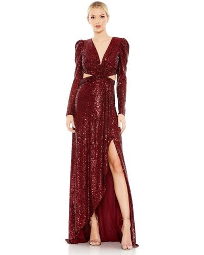 Mac Duggal Sequined Criss Cross Long Sleeve Gown - Red
