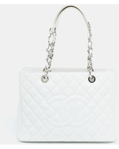 Chanel Quilted Caviar Leather Grand Shopping Tote - White
