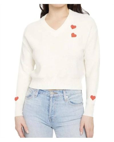 27milesmalibu Lilla V Neck Sweater With Embroidered Hearts - White