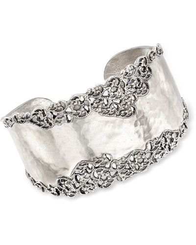 Ross-Simons Sterling Silver Hammered And Polished Filigree Edge Wide Cuff Bangle Bracelet - Metallic
