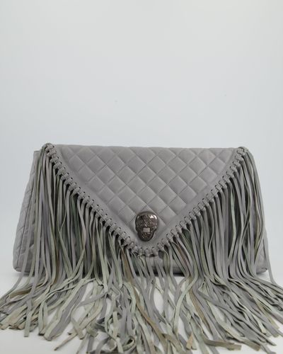 Thomas Wylde Fringed Quilted Clutch Bag With Skull Gunmetal Hardware - Gray