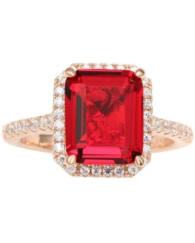 Suzy Levian Rose Sterling Silver Large Emerald-cut And White Cubic Zirconia Halo Ring - Red