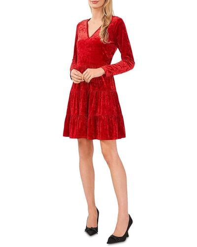 Cece Velvet V Neck Midi Dress - Red