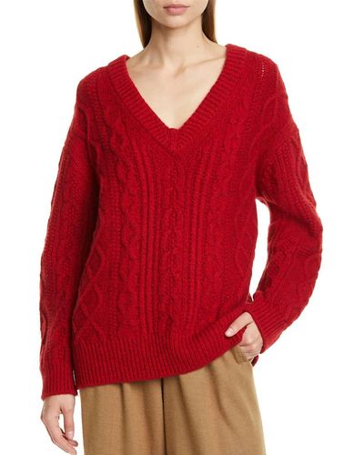 Vince V Neck Cable Knit Sweater - Red