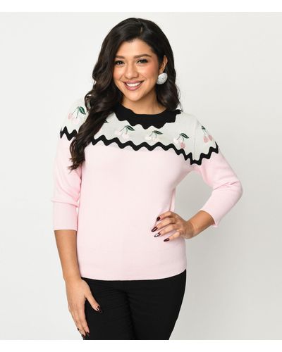 Unique Vintage Pink & Black Cherry Sweater - Natural