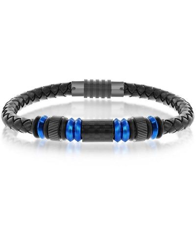 Black Jack Jewelry Blue Stainless Steel W/ Carbon Fiber Genuine Leather Bracelet