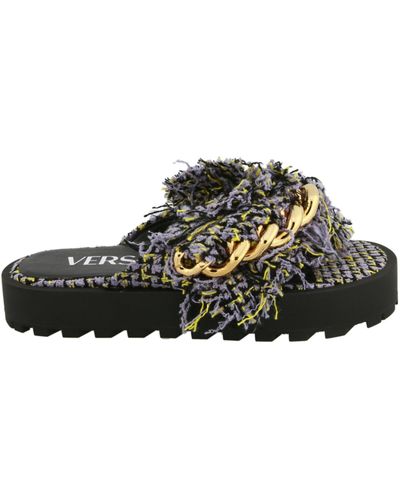 Versace Tweed Chain Platform Sandals - Black