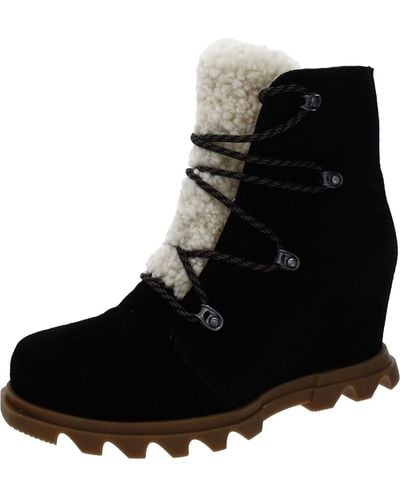 Sorel Joan Of Arctic Wedge Iii Lace Cozy Suede Fleece Lined Ankle Boots - Black