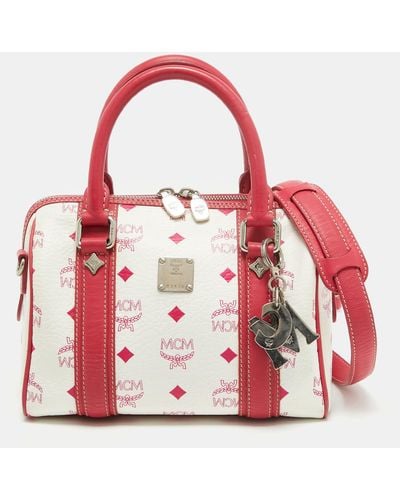 MCM Visetos Coated Canvas And Leather Charm Boston Bag - Red
