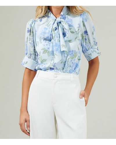 Sugarlips Dusty Floss Floral Neck Tie Blouse - Blue