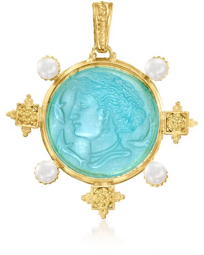 Ross-Simons Italian Tagliamonte Venetian Glass Pendant With 5-6mm Cultured Pearls - Blue