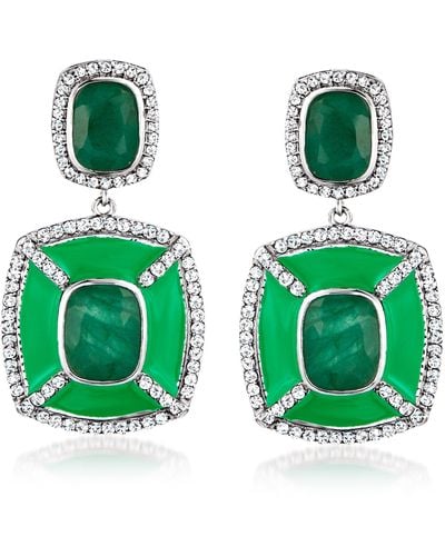 Ross-Simons Emerald And Enamel Drop Earrings With White Topaz - Green
