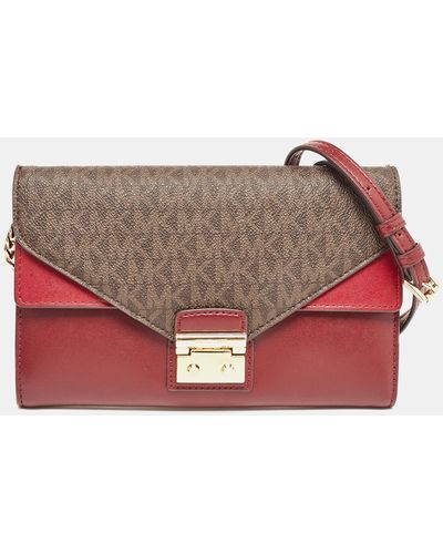 Michael Kors /brown Signature Coated Canvas And Leather Chain Clutch - Red