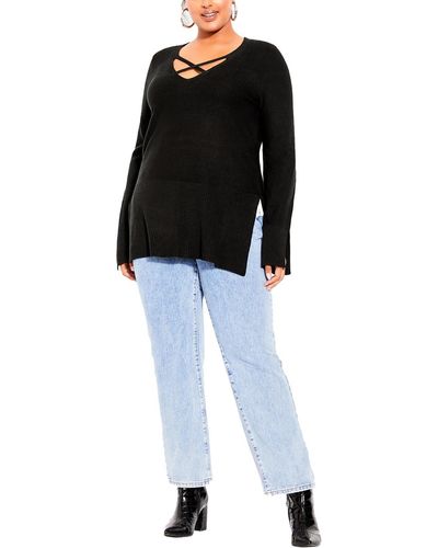 City Chic Plus Criss-cross Front Split Hem Pullover Sweater - Black