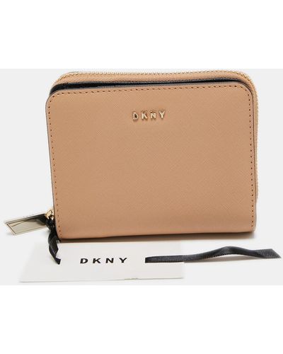 DKNY Beige Saffiano Leather Zip Around Compact Wallet - Natural