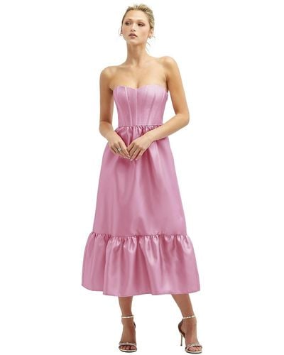 Dessy Collection Strapless Satin Midi Corset Dress With Lace-up Back & Ruffle Hem - Pink
