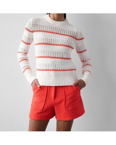 White + Warren Cotton Tape Open Knit Crewneck Sweater In White/neon Sunset - Red