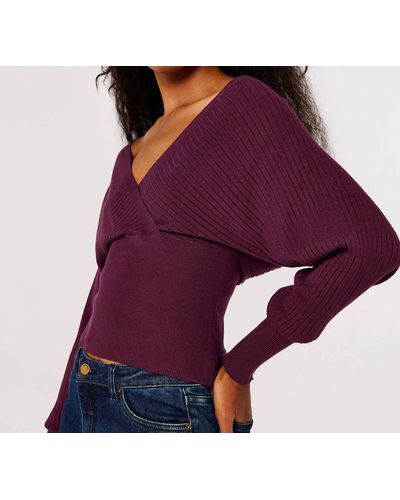 Apricot Plum Ribbed Knit Cropped Sweater - Purple