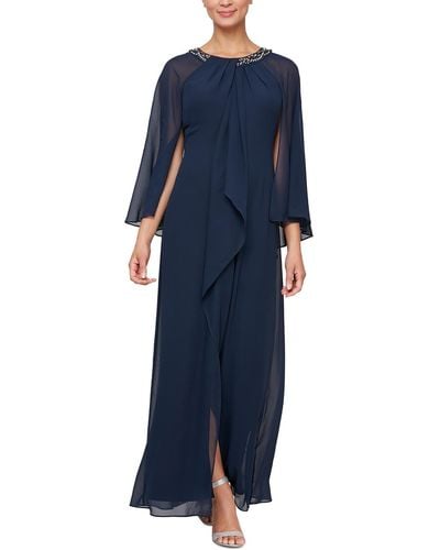 SLNY Chiffon Capelet Evening Dress - Blue