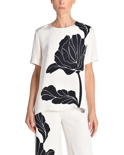 Adam Lippes Short Sleeve Pleat Back Top In Printed Crepe - White