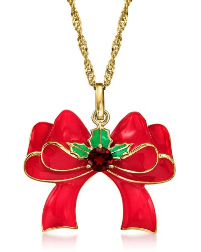 Ross-Simons Garnet And Multicolo Enamel Bow Pendant Necklace - Red